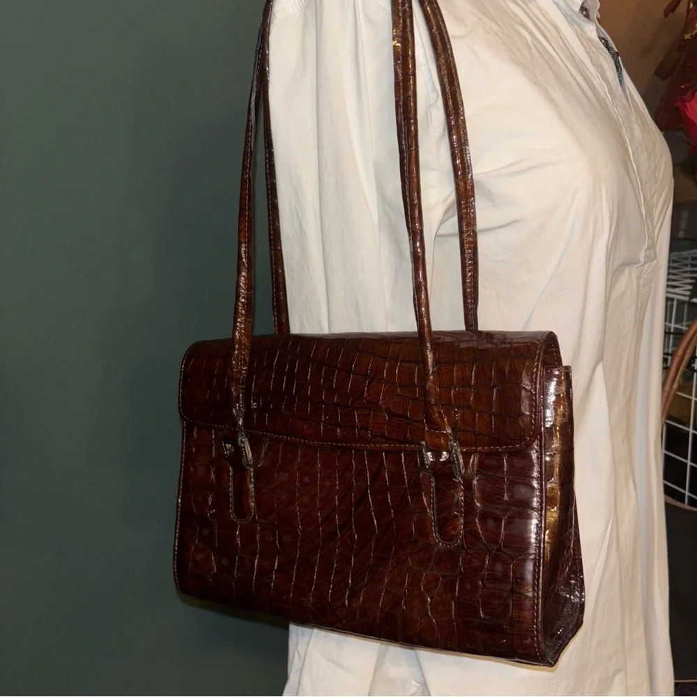 SOLD-I Santi Vintage Enbossed Croc Genuine Leather Handbag - Picture 3 of 11